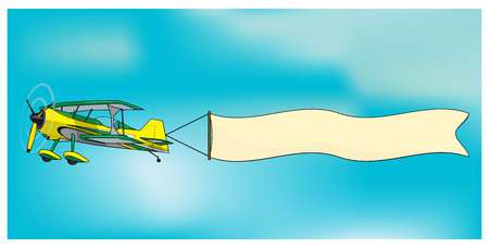 Retro biplane aircraft pulling advertisement banner illustrationのイラスト素材