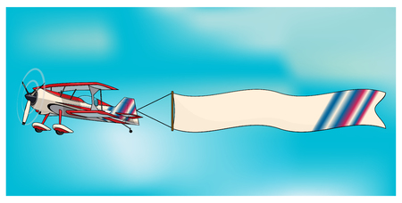 Retro biplane aircraft pulling advertisement banner illustrationのイラスト素材