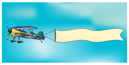 Retro biplane aircraft pulling advertisement banner illustrationのイラスト素材