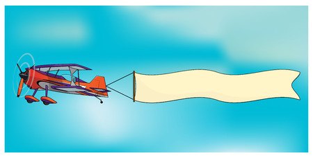 Retro biplane aircraft pulling advertisement banner illustrationのイラスト素材