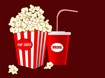 Popcorn in striped paper box, soda drink takeaway set. Cinema design in flat style, Vector red illustration.のイラスト素材