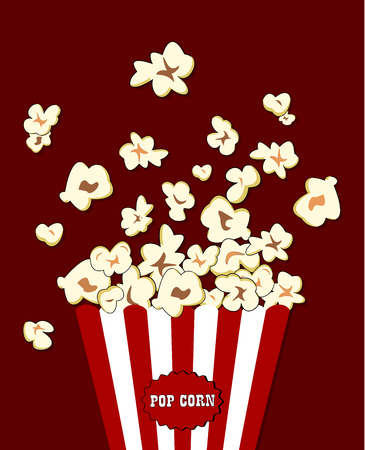 Popcorn exploding inside the red white striped packaging. Vector cinema food. Container with red overflowing maizeのイラスト素材