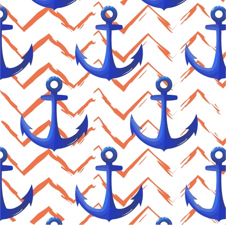 Print anchor blue navy pattern. Chevron orange vector background. Repetition marine texture. Colorful marine cover prenge blueのイラスト素材