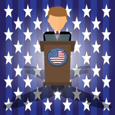 Vector Cartoon Illustration of election race in usa. Presidential candidate speaks to people from tribune. Flat tribune Icon webのイラスト素材