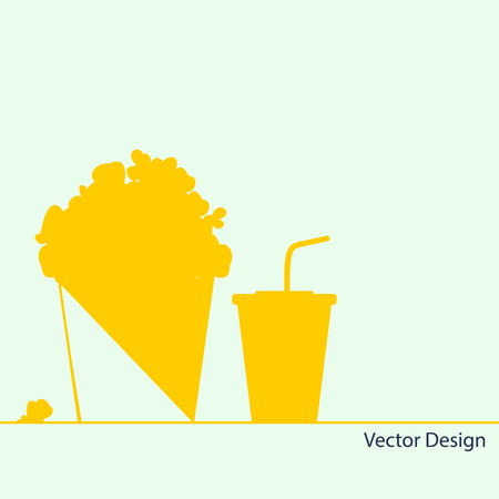 Pop corn in large paper box. Fast cinema meal. Popcorn bucket isolated on grey background.The concept of cinema, entertainment, hobbies and leisure club. yellow advertiseのイラスト素材