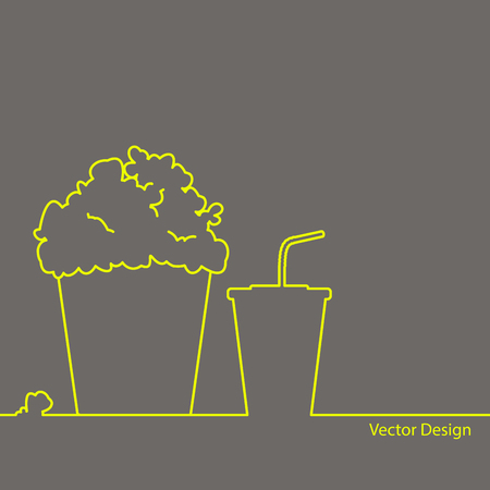 Pop corn in large paper box. Fast cinema meal. Popcorn bucket isolated on grey background.The concept of cinema, entertainment, hobbies and leisure club. yellow, brownのイラスト素材