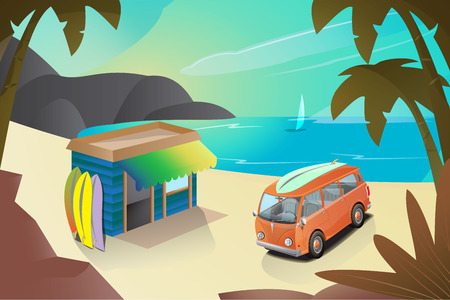 Tropical beach vector background. Summer color background in retro style with car and palm trees on the beach.のイラスト素材