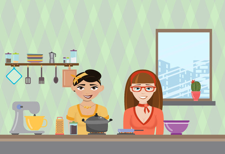 Vector illustration of a womans cooking in the kitchen. TV show about cooking different dishesのイラスト素材