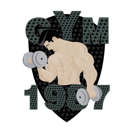 Gym fitness emblem, badges, and designed element. Gym fitness muscle body weight bodybuilding. Strong people club vector gym fitness iconのイラスト素材