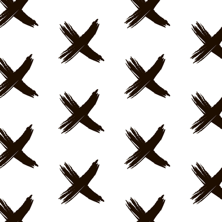 Vector cross sign pattern. Abstract background with brush strokes. Monochrome hand drawn elements print with hipster X. Trendy monochrome texture with pluses or crosses, symbols. Graphic design.のイラスト素材