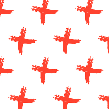 Vector cross sign pattern. Abstract background with red brush strokes. Hand drawn elements print with hipster X. Trendy modern textile texture with pluses or crosses, symbols in red. Graphic design.のイラスト素材