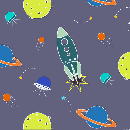 Vector space pattern. Illustration with rocket, aliens, shuttle, planet and stars. Astronomy background. Planet cartoon objects. Cosmic planet universe wallpaperのイラスト素材