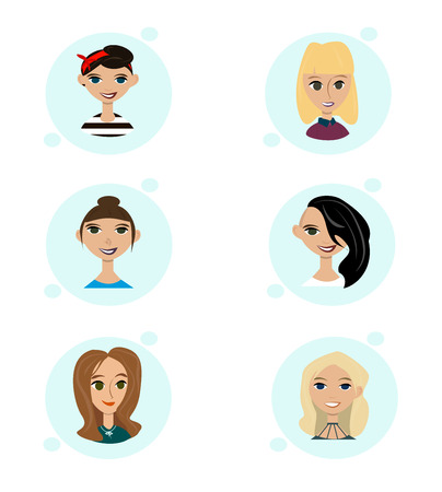 Vector set of female avatar icons. different People illustration, flat woman social media icons. Cartoon characters for web profile. Business girl portrait.のイラスト素材