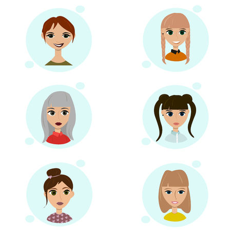 Vector set of female avatar icons. People illustration, flat woman social media. Cartoon characters for web profile. Lovely hipster pigtail ponytail nice hairdress. Flirty girls faceのイラスト素材