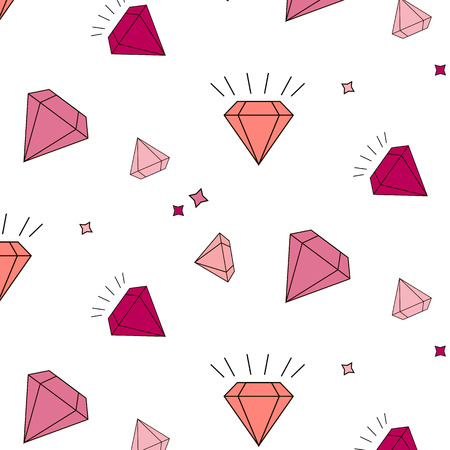 Vector diamonds and crystals repetition pattern on striped background. Simple geometric luxury objects. Jewels sparkle cute designのイラスト素材