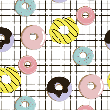 Vector endless pattern with colorful donuts with glaze and sprinkles on a plaid white background. Tasty breakfastのイラスト素材
