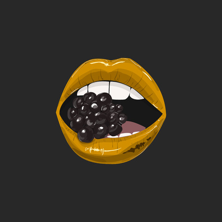 Sexy gold lips with juicy blueberry, pop art mouth, close up view of abstract cartoon girl eating blackberry, isolated vector object. Vector erotical woman illustration with caviarのイラスト素材