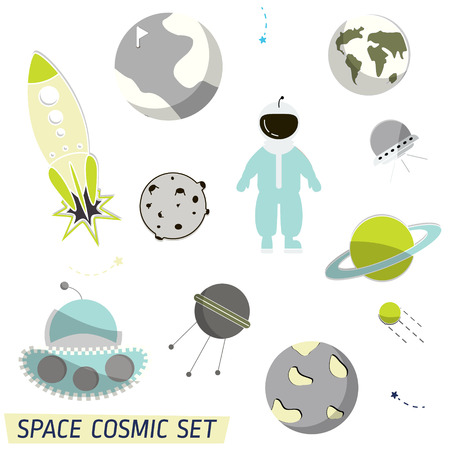 Vector space pattern. Illustration with rocket, aliens, shuttle, moonwalker, satellite, cosmonaut, planet and stars. Astronomy Colorful set cartoon objects. Cosmic planet universe wallpaperのイラスト素材
