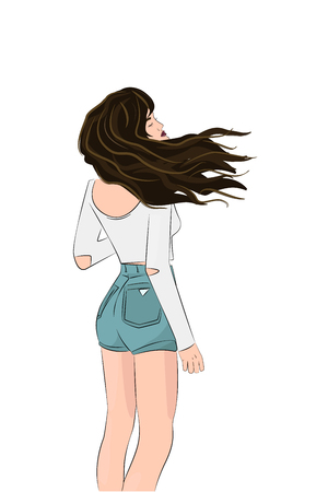 Vector girls wind blown hair illustration. Pretty woman in crop top and jeans shorts with blown hairdress. Modern fashion clipartのイラスト素材