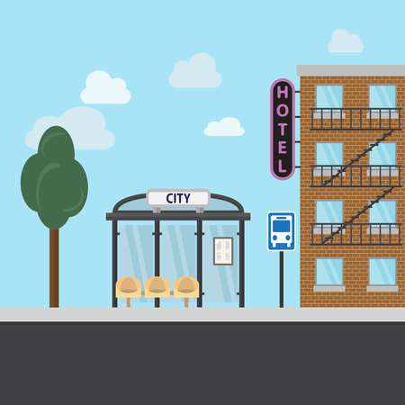 Bus stop with city background. Flat designのイラスト素材