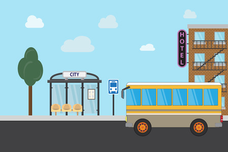 Bus stop with city background. Flat designのイラスト素材