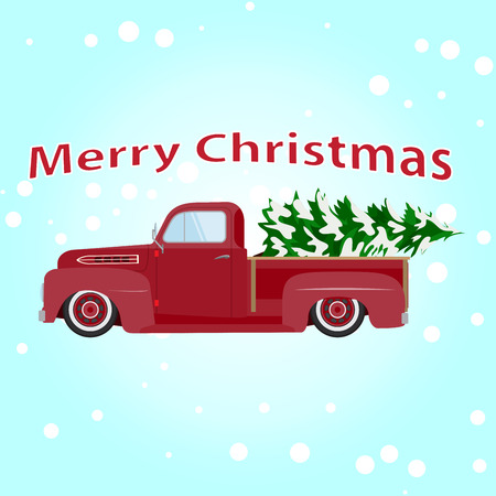 Vintage red car with Christmas tree. Christmas picture. Red pickup.の写真素材