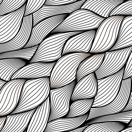 Vector seamless thread pattern. Wave hand-drawn pattern in monochrome, simple repetition tiling. Knitting wool background. Craft print in black white. Abstract clothing decoration. Sewing hand madeのイラスト素材