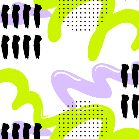 Vector circle dots with brushstroke hipster pattern. Funky Music memphis design. Texture nineties, eighties pattern. Modern abstract decoration poster, cover, card design. Pastel violet green blackのイラスト素材