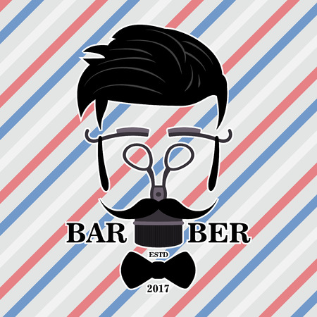 Barber Shop Hipster Silhouette Logo. Hairstyle Man with Mustache and Beard. Monochrome hairdresser icon. Razor, scissors mustache beard bow symbolsのイラスト素材