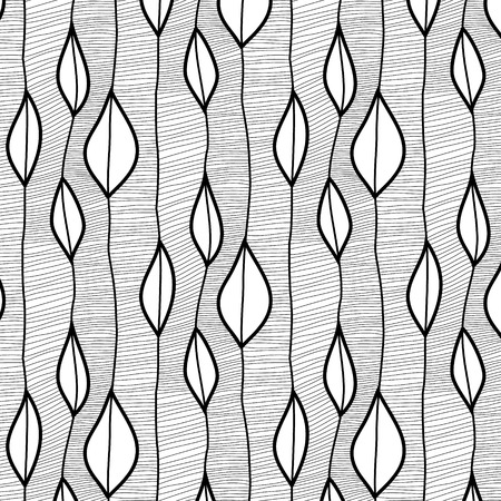 Vector outline geometric pattern. Simple repetition wave lines with leaves. Paper swatch in black white. Mosaic decoration. Linear grid print. artistic structureのイラスト素材