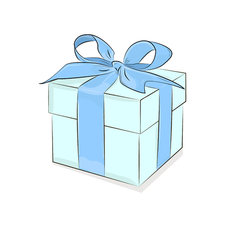 Vector Box with Ribbon. Breakfast design. Turquoise isolated gift box on white background. Present illustration. Love occasional gift. Anniversary clipartのイラスト素材