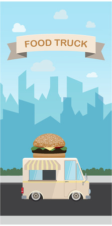 Flat design style modern vector illustration food truck. Isolated on stylish color background cityの写真素材