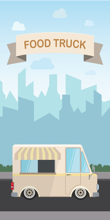 Flat design style modern vector illustration food truck. Isolated on stylish color background cityのイラスト素材
