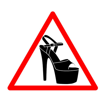vector triangle with shoes inside. Heels icon. Vector high heels automobile woman driver sign. Pole dance warning icon. Strip symbol for car Caution sexy dancer on board. Elegant black silhouette.のイラスト素材