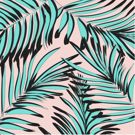 Tropical palm leaf background. Vector floral illustration. Summer nature print. Exotic plant green pinkのイラスト素材