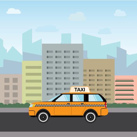 Yellow taxi car in front of city silhouette and sky with clouds, call taxi concept, vector illustration in simple flat designのイラスト素材