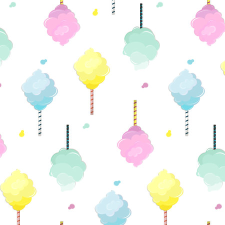 Sweet cotton candy pattern. Cute food texture. Dessert kids decoration with light pink, mint, blue and yellow sugar clouds. Soft pastel fluffy printのイラスト素材
