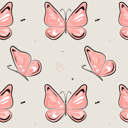 Vector butterfly pattern. Nature insect background. Kids summer illustration. Natural spring pink printのイラスト素材