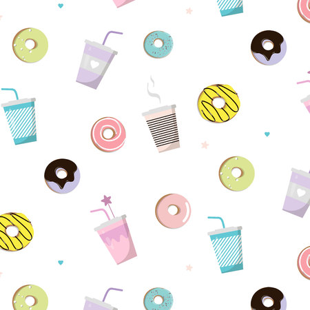Coffee with donut tasty pattern. Vector snack illustration. Cute print with cup and cake. Breakfast morning food. Sweet dessert decoration with chocolate. Cream fantasyのイラスト素材