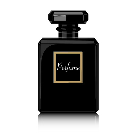 Perfume vector print. Black bottle haute couture, beauty stylish illustration. Aroma liquid. Cosmetic fragranceのイラスト素材