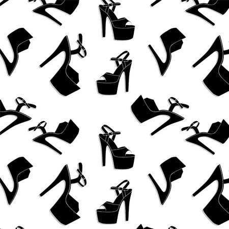 Vector pole dance sexy shoes. High heels pattern for striptease, Striped black yellow exotic dancer boots. Silhouette adult erotic shoes printのイラスト素材