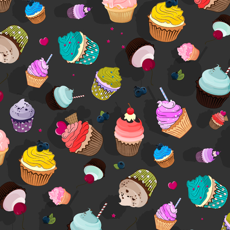 Vector sweet food pattern. Cupcake delicious dessert, Sweet decorated cakes with muffin. Cartoon wallpaper textureのイラスト素材