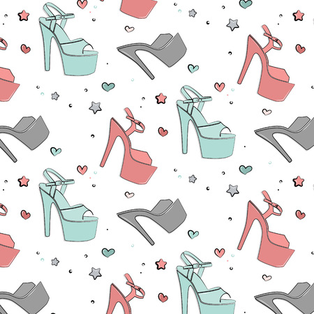 Vector Patel shoes for pole dance. Pole exotic hight heels background. Hot dance night life stripper shoes texture. Cute sport accessories silhouette illustration . Strip dancer beautiful heelsのイラスト素材