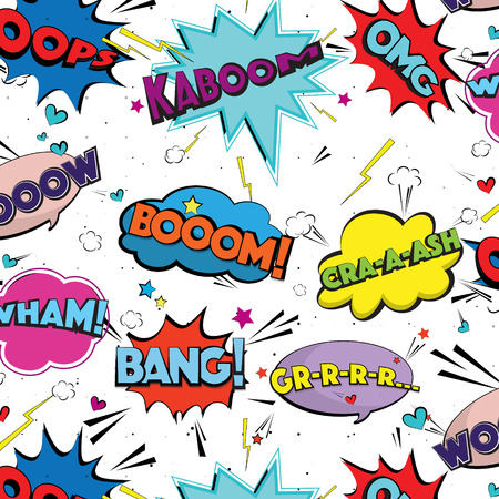 Vector comic speech pop art bubbles and splashes. Colorful set with different emotions and text Bang, Boom, Crash, GRR. Emotional colorful graffiti pattern. Decoration font dynamic cartoon decorationのイラスト素材