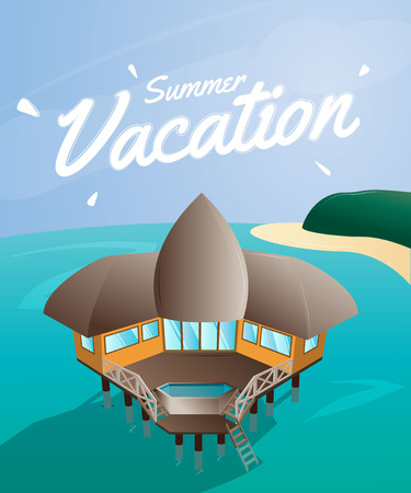 Vector summer vacation card. Bungalow house on the beach, landscape background. Summer moment rest island print. Resort exotic island advertisingのイラスト素材