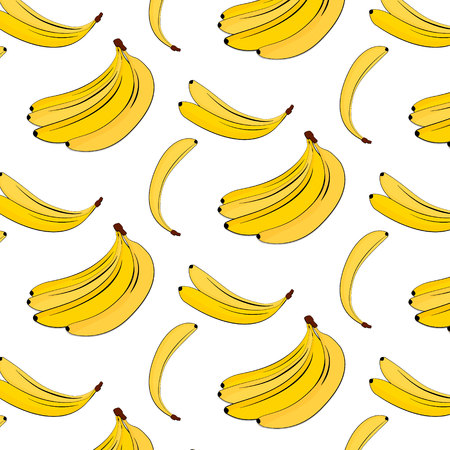 Vector banana pattern. Yellow summer plant colorful background. Banana tropical natural fruit print. Food vegan coverのイラスト素材