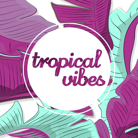 Vector tropical vibes illustration. Abstract spring palm leave vector decoration. Nature green pink summer print. Background, print, fabric, wallpapers, clothes textureのイラスト素材