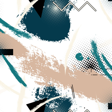 Memphis trendy decoration. Vector pattern with brush strokes in beige green.Background for printing brochure, poster, party, print, vintage textile design, card. Pastel colors.の写真素材