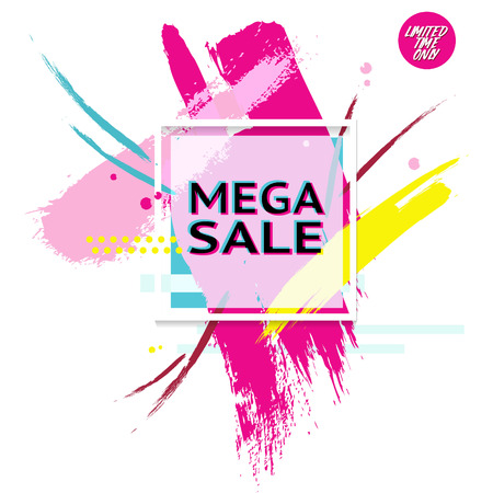 Vector banner with text Mega Sale for emotion and motivation. Poster in epic 90s minimal style with splash background. Retro hand-drawn advertising design elements for sale theme, shop, marketの写真素材