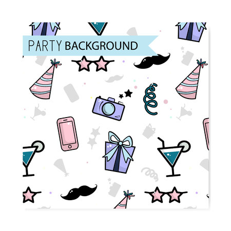 Vector Friday party pattern. Birthday funny present gift cover with cocktail, camera, mustache, star glasses. Pop art flat greeting drawing.Holiday carnival designの写真素材